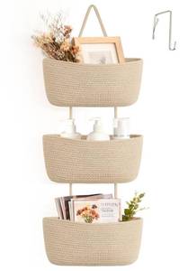 lot 20317 image: Dahey Over The Door Hanging Basket Storage 3-Tier Woven Wall Basket, Jute