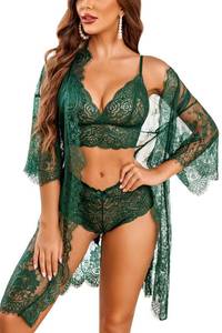 lot 20367 image: Avidlove Women Sexy Lingerie Set 3 Piece Bra and with Panty Lace Kimono Robe Sheer Sleepwear Large
