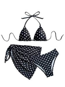 lot 20379 image: SHENHE Womens 3 Piece Polka Dots Floral Bikini Set with Wrap Coverup Halter Triangle Swimsuits Polka Dots Black Medium