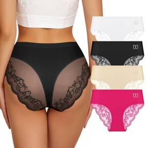 lot 20383 image: QUASTI Cheeky Underwear for Women Lace Silky Seamless No Show Bikini Soft Breathe Panties Ladies Sexy Hipster 4Pack(L)