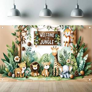lot 20417 image: Starlit Patio Jungle Safari Birthday Backdrop Welcome to The Jungle Party Banner Decoration 71 x 43 inch Leaves Animals Backdrop for Boys Girls Photo Background Animal Theme Bday Party Decorations