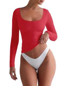 lot 20419 image: REORIA Womens Basic Long Sleeve Square Neck Double Lined Tops Slim Fit Basic Shirts Fall Outfits Red Small