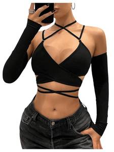 lot 20425 image: SHENHE Womens Criss Cross Strappy Wrap Halter Long Sleeve Crop Top Black XS