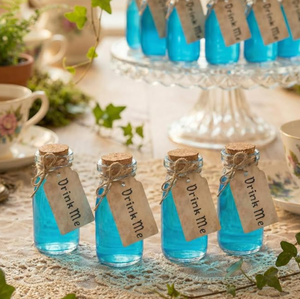 lot 7422 image: 24 Set Wonderland Tea Party Favors Small Glass Bottle with Cork