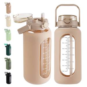 lot 1021 image: 64 oz Glass Water Bottle with 2-in-1 Straw Lid Large Half Gallon Water Bottle with Time Marker & Removable Silicone Sleeve,Wide Mouth BPA-Free Borosilicate Bottle for Gym, Workout & Daily Use