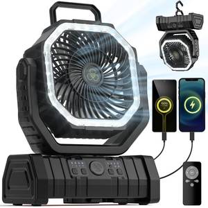 lot 1024 image: VOSFEEL Camping Fan - 20000mAh Battery Powered Fan Rechargeable with LED Lantern - Portable Outdoor Tent Fans with Hanging Hook 4 Speeds Wind Remote Control, Black
