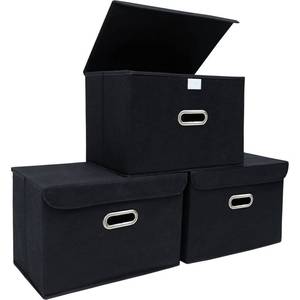 lot 1077 image: STOREONE Fabric Storage Cube Bins Foldable Organizer Container Collapsible Basket with Lids and Metal Handles, for Home, Bedroom, Closet (Black, 3 Pcs)