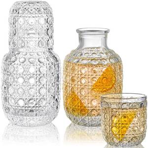 lot 1098 image: Coloch 2 Sets Vintage Bedside Water Carafe Set With Tumbler, 4 Pcs 14Oz Clear Glass Mouthwash Bottle Nightstand Carafe and Glass for Handy Midnight Drink Set for Water, Juice, Kitchen, Bedroom