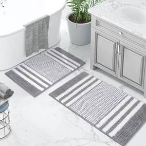 lot 1099 image: BSICPRO Bathroom Rugs Sets 2 Piece, Non Slip Striped Bath Mats, Light Grey