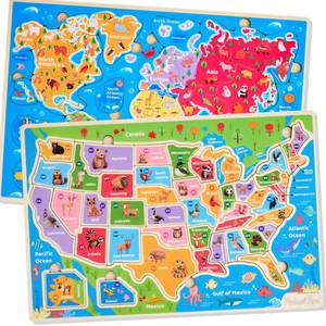 lot 2118 image: Montessori Mama Wooden Puzzles for Kids Ages 4-6, USA States and Capitols, World Continents and Oceans, Combo Set 2 Toddler Puzzles