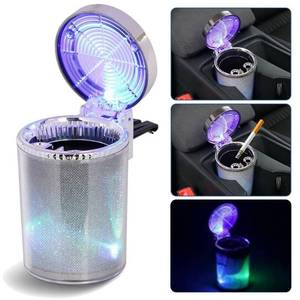 lot 2175 image: Bosaidong Car Ashtray, Auto Ashtray With LED Light, Mini Car Trash Can, Portable Ashtray with Lid Suitable for Most Vehicles, Silver