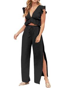 lot 2192 image: FANCYINN Womens 2 Piece Outfits V Neck Ruffle Crop Top Wide Leg Pants M