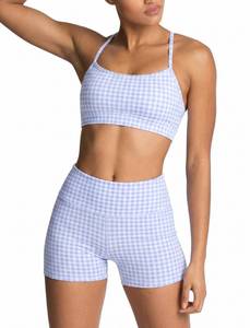 lot 2194 image: IMEKIS Workout Sets for Women Cute 2 Piece Yoga Outfit Matching Pilates Tracksuits High Waisted Running Biker Shorts with Sport Bra Exercise Clothes Athletic Gym Active Wear # Blue Gingham Medium