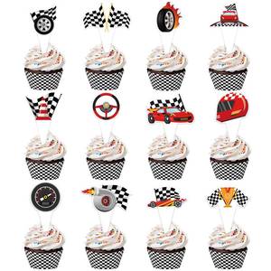 lot 2208 image: 48 Pack Race Car Cupcake Toppers and Wrappers, Race Car Party Cake Decoration for Racing Checkered Theme Birthday Party Baby Shower Supplies