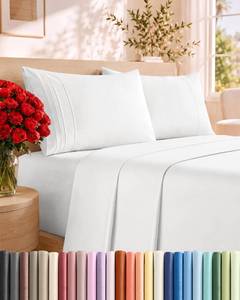 lot 2218 image: Queen Size 4 Piece Sheet Set - Comfy Breathable & Cooling Sheets - White