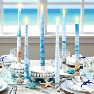 lot 2224 image: Riakrum 6 Pcs Beach Seashell Tapered Candles Flameless Ocean Coastal Flameless Blue Teal Starfish LED Battery Candle Coastal Wax with Blue Patterns for Summer Indoor Home Table Centerpieces Decor Gift