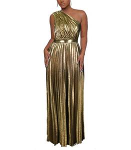 lot 2276 image: AOMEI Womens Gold Luxury Metallic One Shoulder Sleeveless Elegant Pleated Long Dress (L,Large)