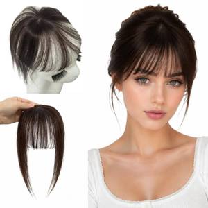 lot 2282 image: Anemone Human Hair Clip in Bangs for Women 3D Silk Lace Base Fringe Hairpiece Natural Fake Bangs Hair Extension for Receding Hairline & Daily Wear (Silk Base, Dark Brown)