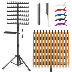 lot 7427 image: Hemndic Braiding Hair Rack with Tray, 2-sided 144 Pegs, Heavy Duty Braiding Rack Stand for Hair, Height Adjustable Standing Hair Extension Holder with Storage Bag & Braiding Accessories