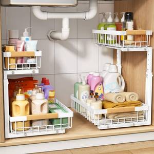 lot 9177 image: PXRACK Under Sink Organizer, Adjustable Height, 2 Tier Pull Out Under Cabinet Organizer, Slide Out Thickened Metal Under Sink Storage for Kitchen Bathroom Laundry Pantry Cabinet, White, Large-2-Pack