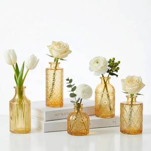 lot 9182 image: 5 Pcs Glass Bud Vases Set Gold Amber, Mini Flower Vase for Centerpieces, Small Vases in Bulk for Wedding Decorations, Vintage Vase for Table, Recepetion, Home D�cor