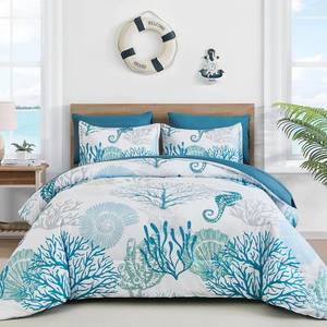 lot 9196 image: WONGS BEDDING Coastal Comforter Set Queen, Beach Themed Comforter,7 Pieces Ocean Nautical Seaweed & Starfish Bed in a Bag (90�90)