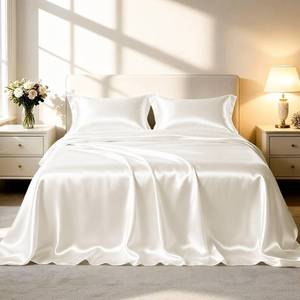 lot 9210 image: Loves cabin Satin Queen Sheets Set, 4 Pieces, Ivory, 15 Deep Pocket
