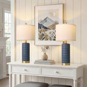 lot 11693 image: PoKat 25 Blue Table Lamps for Bedroom Living Room Set of 2, Modern Ceramic Bedside Lamps with Gold Base for Office Sideboard Entryway Side End Table Nightstand Desk Lamps Home Gift (Dark Blue)