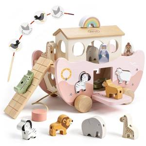 lot 13039 image: Joyreal Pink Wooden Noahs Ark Toy Set