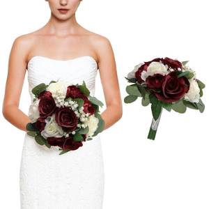lot 13951 image: DIYDOFUN Silk Bridesmaid Bouquet 11 Inch Burgundy White
