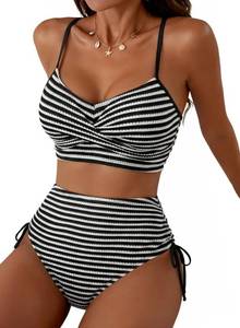 lot 14438 image: Herseas Womens Black Striped 2-Piece Bikini Set S