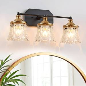 lot 17990 image: 3-Light Vanity Fixture, Black and Gold, 19.6in