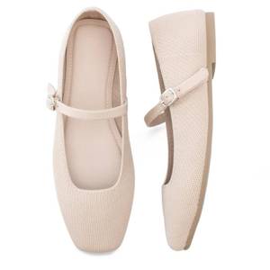 lot 19093 image: Soesyi Knit Flats for Women Square Toe Flats Casual Ballet Flats with Ankle Strap,Mary Jane Shoes Women Comfortable for Dressy Office,Size 6�,Almond