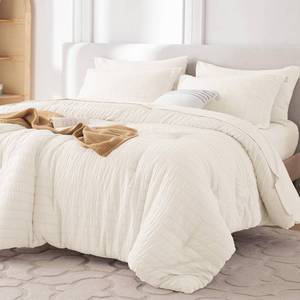 lot 19124 image: MUXHOMO Queen Comforter Set 7 Pieces, Seersucker Bed in a Bag, Ivory