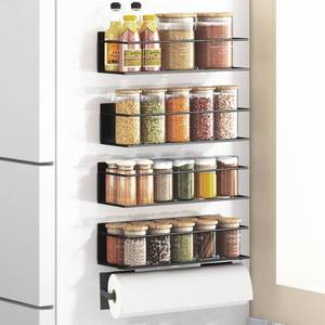 lot 19130 image: Roysili Magnetic Spice Rack For Refrigerator, Magnetic Fridge Shelf For Kitchen, Magnetic Shelf For Fridge Space Saving Black 4 Pack With Magnetic Paper Towel Holder