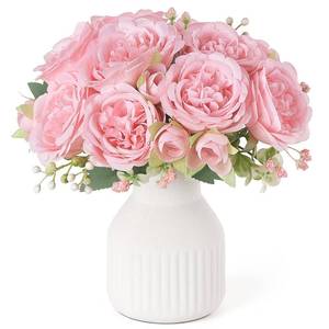 lot 19133 image: Mkono Fake Flowers with Vase 9 Pink Artificial Flowers Coffee Table Decor