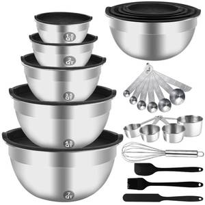 lot 19142 image: WEPSEN Mixing Bowls Set, 25PCS Stainless Steel Mixing Bowl with Lid Set, Large Nesting Bowls 7, 4.5, 3,2, 1.5QT, Measuring Cups and Spoons Baking Utensils Metal Bowl for Kitchen Prep