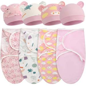 lot 20124 image: Buryeah 4 Pack Preemie Swaddle Blankets with Hats, Preemie, Boho, Pink