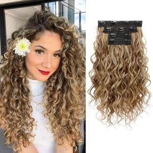 lot 20131 image: REECHO Curly Hair Extensions, 4PCS 16 inch Clip in Hair Extensions Lace Weft Short Curly Hair Extension Clip Ins Natural Hairpieces for Women, Light Brown with Honey Blonde Highlights