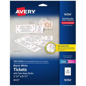 lot 20133 image: Avery� Printable Tickets with Tear-Away Stubs, 1.75 x 5.5, Matte White, 200 Blank Tickets for Laser and Inkjet Printers (16154) (Open Box, May Be Missing Pieces)
