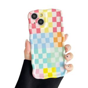 lot 20140 image: branple Compatible with iPhone 13 Case, Cute Wave Curly Colorful Checkerboard Plaid Pattern Cover for Women, Soft TPU Shockproof Protection Case Compatible for iPhone 13 (Colorful 4)