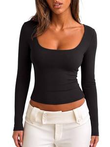 lot 20439 image: REORIA Womens Square Neck Long Sleeve T Shirts Tops Casual Basic Tight Shirts Black Small
