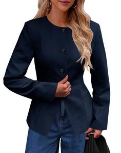 lot 20479 image: Cicy Bell Womens Business Casual Fitted Blazers Collarless Split Hem Work Office Button Down Suit Jackets Navy