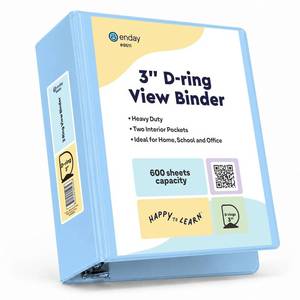 lot 20496 image: Enday 3 Inch Binder, Blue - 3 Inch 3 Ring Binder, D-Ring Pastel with Clear View Cover for Letter Size 8.5 x 11 Paper & 2 Inside Pockets, Ideal for School Supplies, Office, and Home