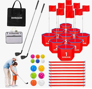 lot 1110 image: Golf game multipack with two clubs and red markers and balls missing pieces