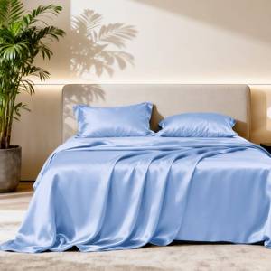 lot 1163 image: Loves cabin Satin Queen Sheets Set, 4 Pieces, Sky Blue, 15 Deep Pocket