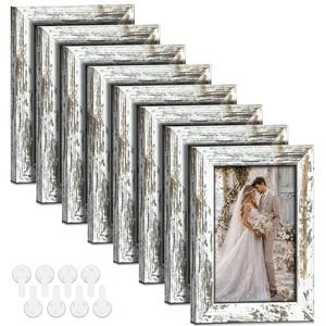lot 1188 image: Bagous 5x7 Picture Frames Set of 8, Vintage Rustic Farmhouse Industrial Style Photo Frames, High Definition Real Glass, for Tabletop or Wall Hanging, Vintage White