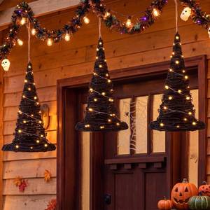 lot 1195 image: Jenaai 3 Pack Halloween Rattan Hanging Witch Hat Decor with LED String Lights, Rustic Black Woven Wicker Wizard Hat Ornaments for Indoor Outdoor Decor Porch Yard Patio Halloween Party Decoration