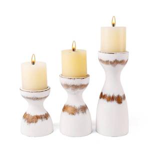lot 1221 image: Set of 3 Farmhouse Wooden Candle Holders for Pillar Candles, White Distresse Rustic Wood Pillar Candle Stands with Hemp Rope Bow Table Centerpiece Decor for Fireplace, Living, and Dining Room