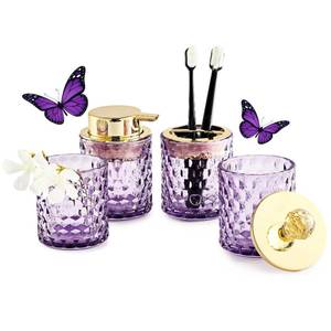 lot 1230 image: Britimes 4 Pack Bathroom Accessories Set, Purple Glass Complete